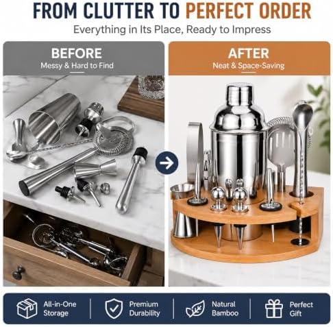 Cocktail Shaker Set with Bamboo Stand, 12-Piece 25oz Stainless Steel