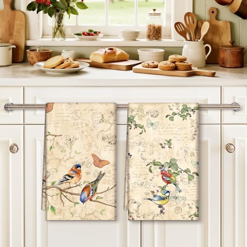 Vintage Birds Tea Towels Set of 4, 100% Cotton, 18.9 x 27.5 Inch