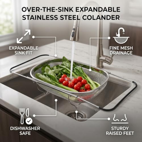 Stainless Steel Strainer,Over the Sink Colander, Expandable Handles