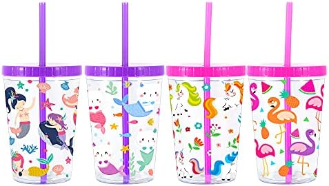 16oz Kids Tumbler Water Drinking Cup 4 Pack - BPA Free, Straw Lid Cup