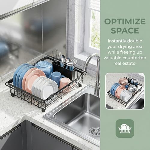 Expandable In Sink Dish Drying Rack with Utensil Holder
