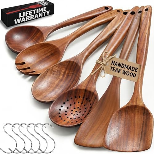 6-Piece Wooden Kitchen Utensil Set with Hooks