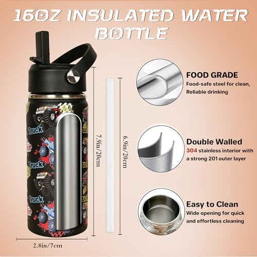 Monster Truck Boys Water Bottle, 16oz Kids Water Bottle Stainless