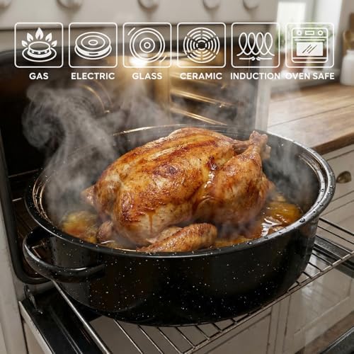 Enamel Roaster Pan With Lid and Rack Set 13"19"Granite Roasting Pans