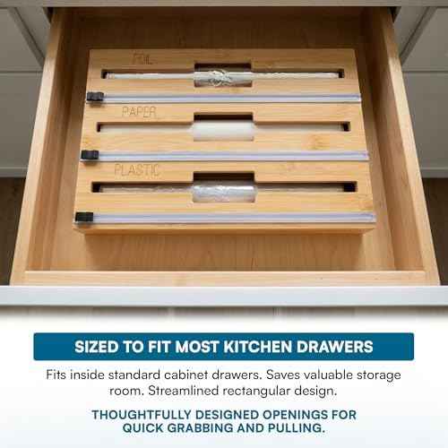 Honey-Can-Do Bamboo Wrap Organizer with Safety Cutter — 3-in-1 Drawer Holder for Aluminum Foil, Wax & Parchment Paper, and Plastic Wrap (Fits 12" Rolls)