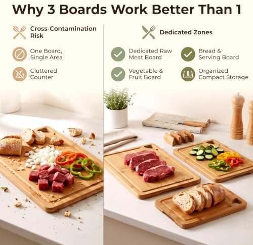 3-Piece Bamboo Cutting Board Set with Holder, Juice Groove for Kitchen
