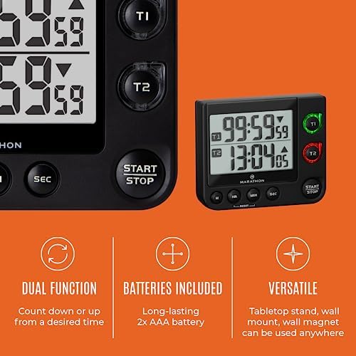 MARATHON Dual Digital Timer, 100-Hour Count Up/Down, Black