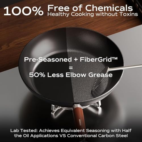 Carbon Steel Frying Pan, Pre-Seasoned 11-Inch Cooking Skillet Wooden