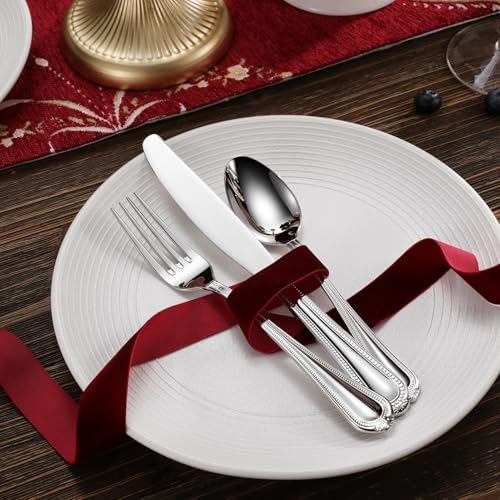 KEAWELL Premium Pearl Edge 20/45/65-Piece Silverware Set (65, Silver)