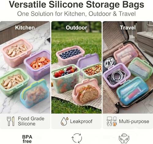 Reusable Silicone Food Storage Bags(2 Pack), Magnetic Seal