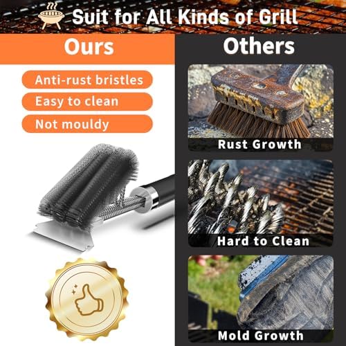 Grill Brush and Scraper-18 Adjustable Handle Safe BBQ Grill Brush for