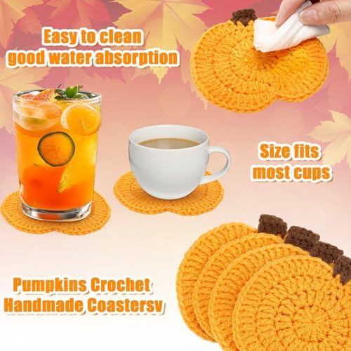 UPINS 6Pcs Pumpkin Crochet Coasters,Fall Themed Drinks Coasters Set