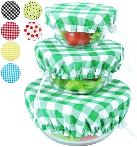 Reusable Cotton Fabric Bowl Covers, Set of 3, Green Plaid