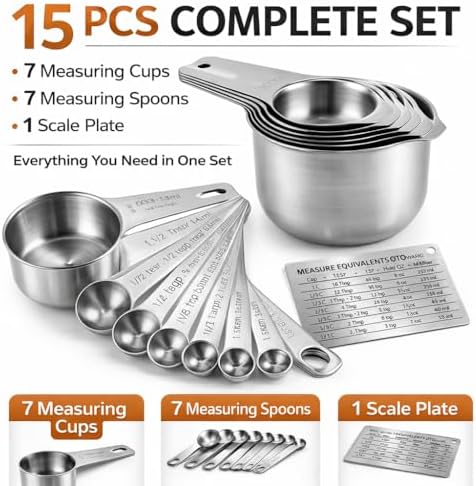 15 Piece Measuring Cups and Spoons Set, Stainless Steel Stackable