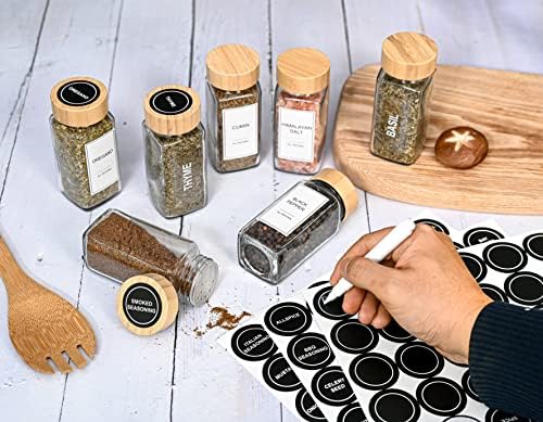 Glass Spice Jars with Label Set, Bamboo Lids & Funnel - Kitchen