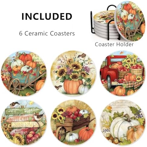 6Pcs Fall Pumpkin Coasters with Holder, Sunflower Truck Ceramic