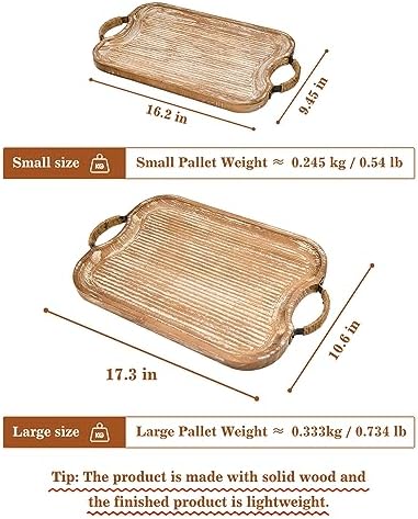Rustic Wood Serving Tray with Metal Twine Handles Set of 2 Rectangular