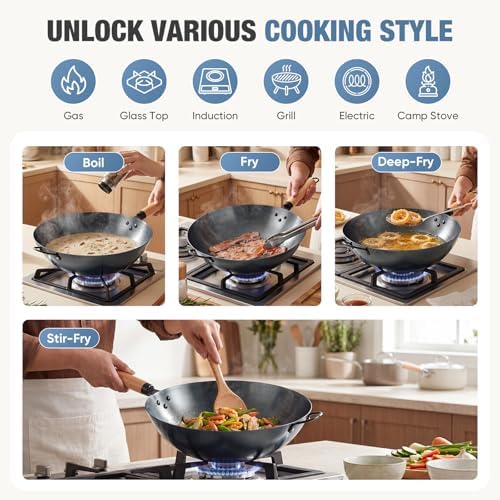Sweetcrispy 13.5 Inch Carbon Steel Wok Pan, Pre-Seasoned Flat Bottom