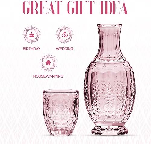 Elle Decor Vintage Bedside Water Carafe Set with Tumbler Lid, Pink
