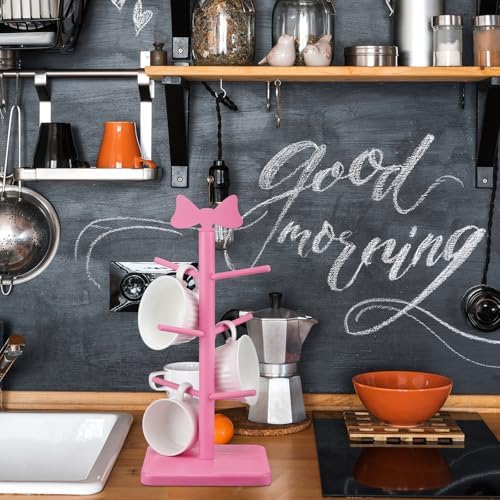 DoubleFill Pink Mug Tree Wooden Bow Coffee Bar Accessories with 6