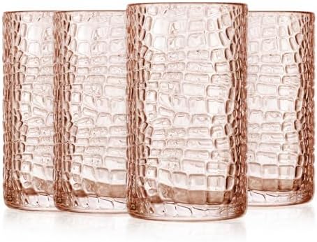 Glaver's Highball Glasses Set of 4 Pink Drinking Glasses, 15 Ounce