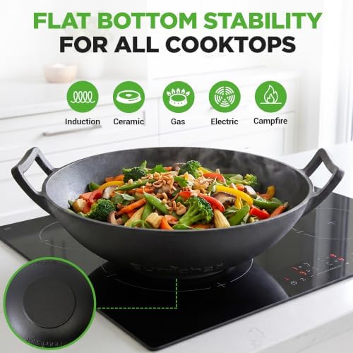 NutriChef 14" Cast Iron Wok with Wooden Lid - Pre-Seasoned Kadai for Stir-Fry with Loop Handles, Compatible with Multiple Cooktops Including Induction, Large 5.8 Qt Capacity
