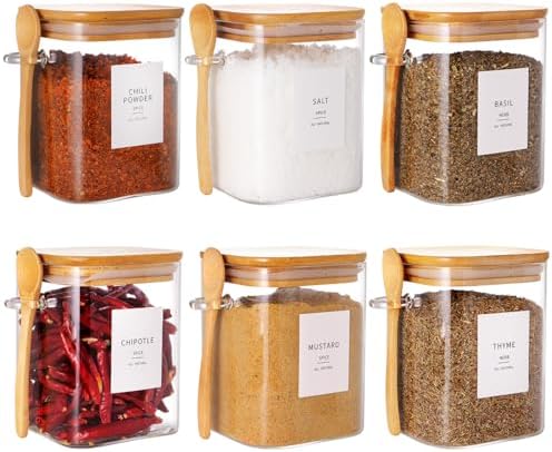 HHMJSM 6 Pcs Square Glass Jar with Bamboo Lid and Spoon - 27 oz Large
