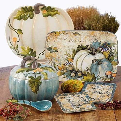 Harvest Gatherings 14 oz. Ceramic Fall Mugs, Set of 4 – Blue & White