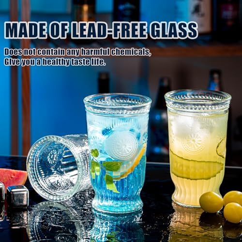 Vintage Drinking Glasses, 8 pcs Embossed Designed Highball Glasses