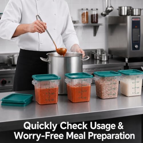 4 Pack 4QT Food Storage Containers with Green Lids - Square, Clear