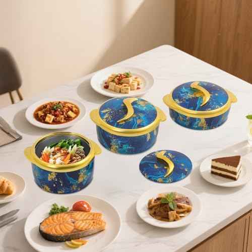 3 Piece Thermal Dish Set, Stainless Steel Insulated Containers with Lids for Hot & Cold Food, Serving Bowl for Lunch, Picnics, Parties, Meal Prep (1.6/2.12/2.64 Qt) (Blue)