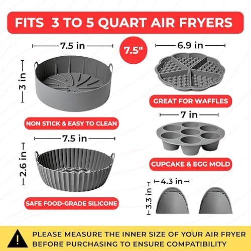 EM Set of 5 Silicone Air Fryer Liners with Egg Bite Mold, Waffle Mold