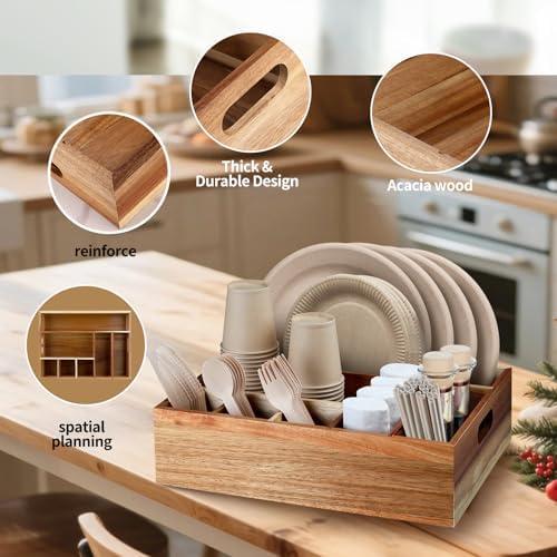 Acacia Wood Utensil Holder Paper Plate Organizer for Party