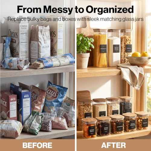 Glass Pantry Storage Jars Containers with Acacia Lids and Labels - Set