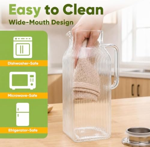 2 Pack Glass Pitcher with Lid, 68 oz Each, Square Striped Glass Water