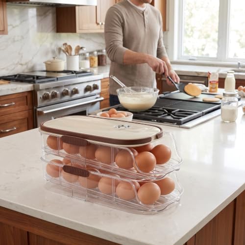 Plastic Egg Holder Dispenser with Lid, 2 Tier Fridge Rack