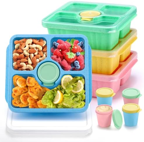 QQKO 4-Pack Divided Bento Snack Boxes with Sauce Cups