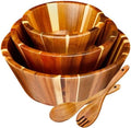 Yunlly Wooden Salad Bowl Set of 5 Acacia Wood with Utensils, Round