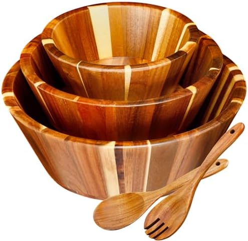 Yunlly Wooden Salad Bowl Set of 5 Acacia Wood with Utensils, Round