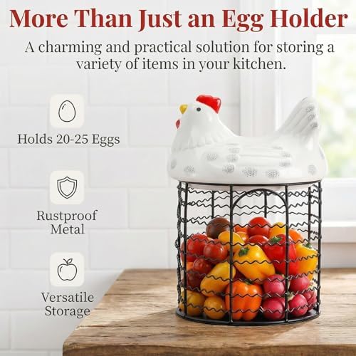 Hiceeden Metal Egg Storage Basket with Chicken Lid