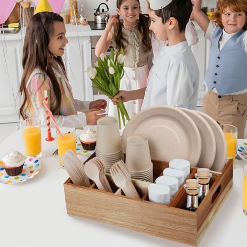 Acacia Wood Utensil Holder Paper Plate Organizer for Party