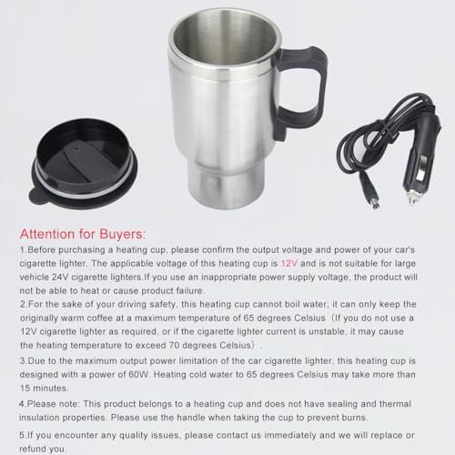 12V Car Heating Cup Car Heated Mug, 450ml Stainless Steel Travel
