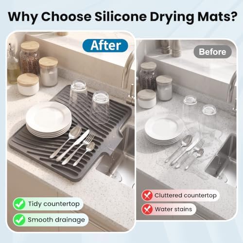 Silicone Dish Drying Mat, 16"x 13.7" Kitchen Drying Mat with Built-in