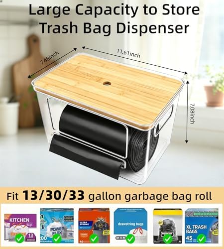 1 Pack Trash Bag Dispenser with Bamboo Lid, Stackable Trash Bag Holder