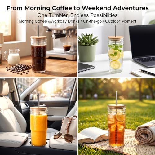 24 oz Glass Cups with Bamboo Lids and Straws,Glass Iced Coffee Tumbler