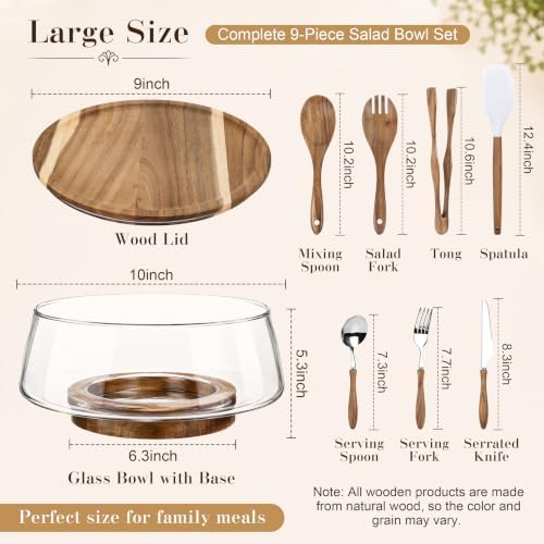 Large Glass Salad Bowl Set with Acacia Wood Base, Lid and Wood