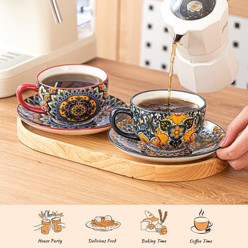 Henten Home 8.5 oz Ceramic Cappuccino Cups, Latte Cup with Saucers Set
