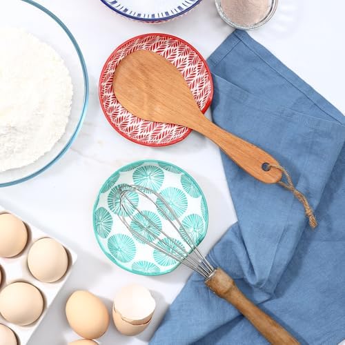Selamica 4.8 Inch Ceramic Spoon Rest with Holder, Set of 4, Assorted