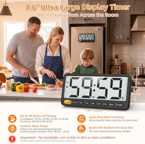 7.6'' Large Digital Kitchen Timer - 99H Countdown and Visual Light