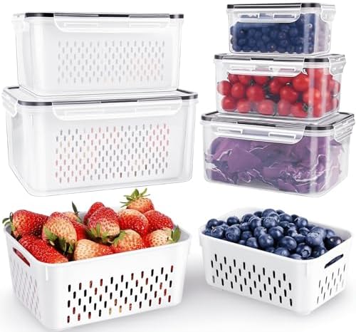 Fruit Storage Containers for Fridge, 4 Pieces, Removable Colander